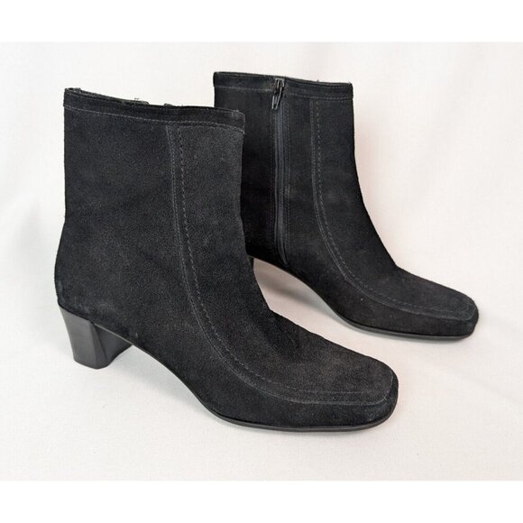 ANN TAYLOR Brazil sz. 8 M Black Suede Leather Zip Ankle Boots Bootie Square Toe - Picture 1 of 9